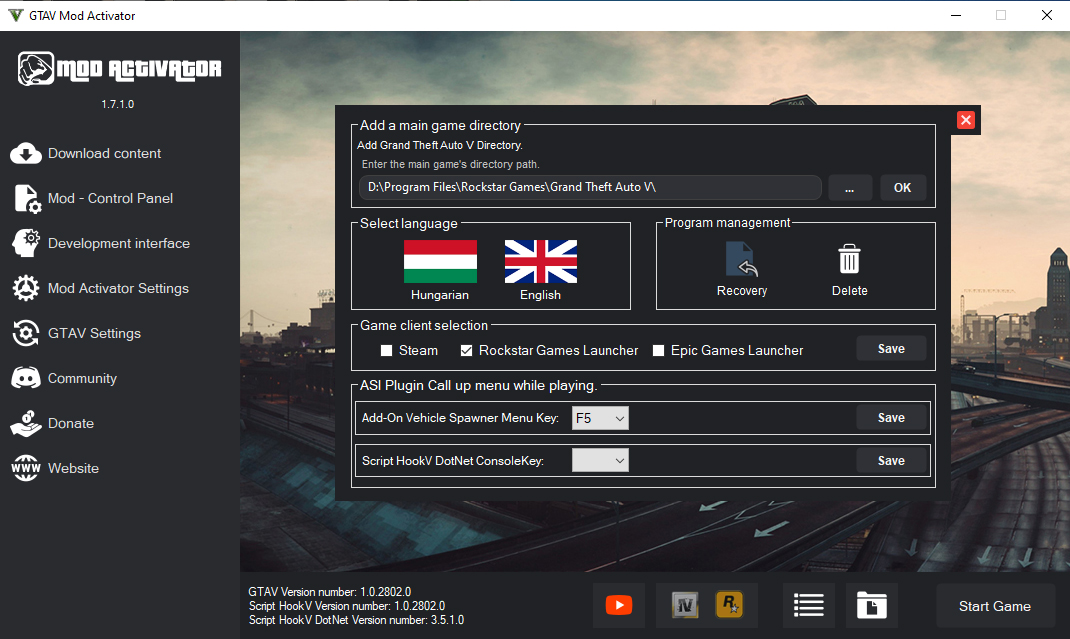 GTA5 Mod Activator settings